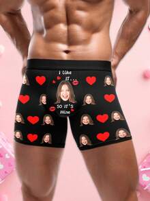 1pc Custom Face Boxer Briefs For Men,Personalized Photo Underwear With Red Heart Design,Best Gift For Husband Boyfriend,Perfect Valentine's DayForever - Black - View 3