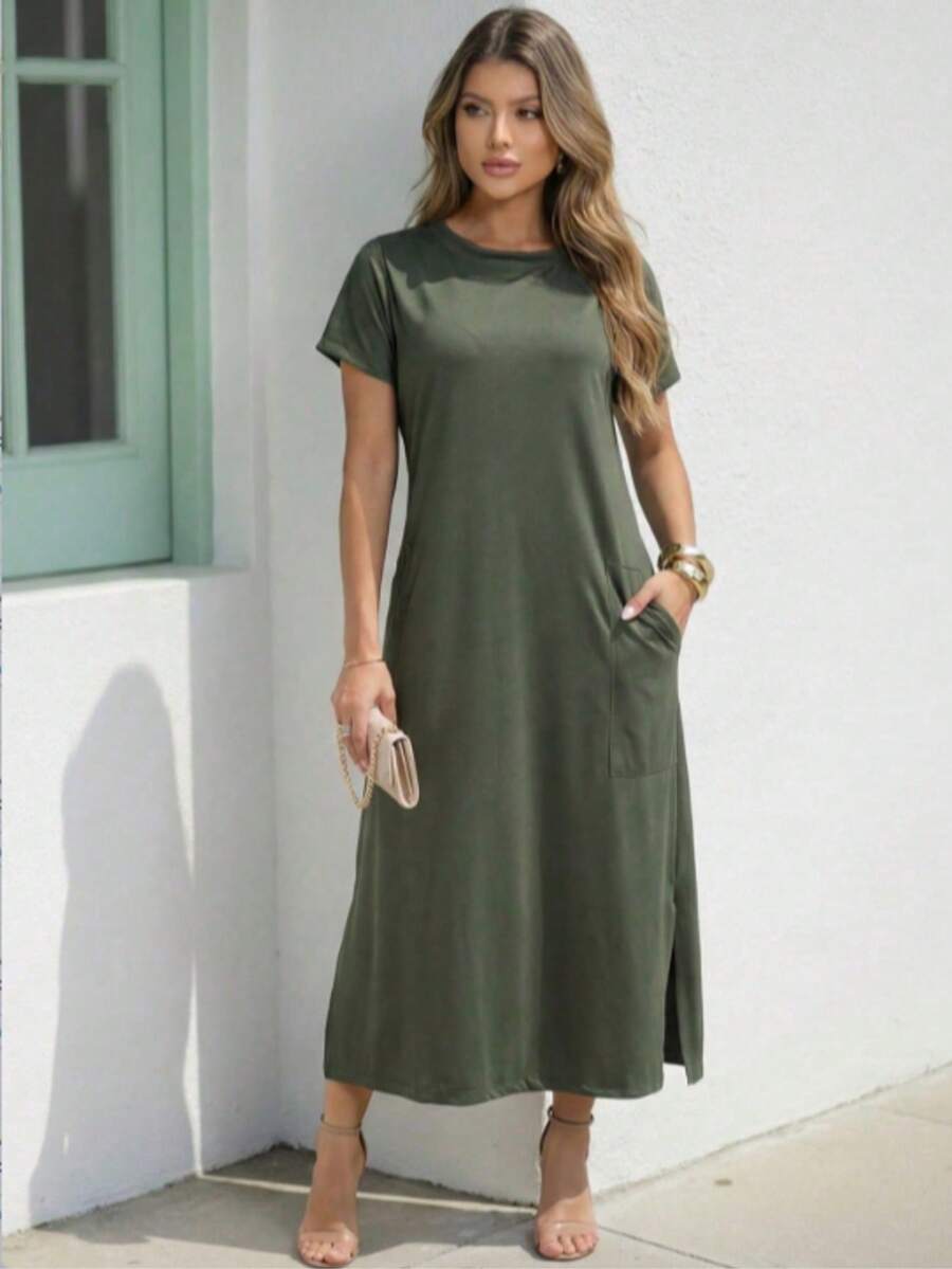 Women's Loose-Fitting Midi Dress With Pockets: Comfort And Elegance For Everyday Winter Wear - 橄欖綠 - 查看 1