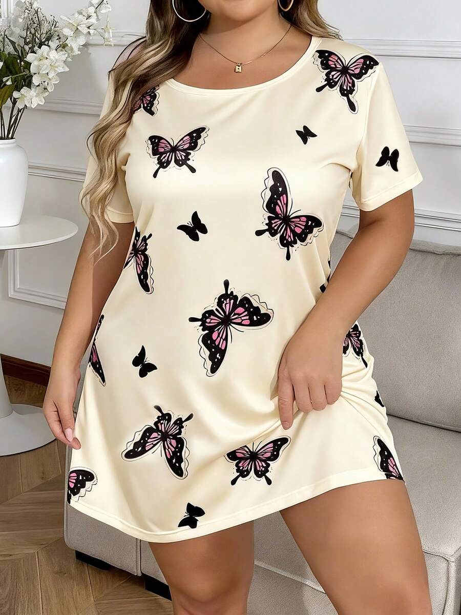 Nuisette élégante et belle avec imprimé papillon, grande taille, manches courtes, short court, robe de nuit grande taille, tenue d'intérieur, convient pour le printemps et l'été - Multicolore - Voir 1
