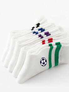 1/5 pares de calcetines deportivos blancos de media caña para niños, estilo primavera/verano, diseño clásico de doble raya de colores con patrón de fútbol, suaves y amigables con la piel, cómodos, versátiles y casuales para estudiantes, adecuados para la vuelta al colegio, eventos deportivos, uso diario/regalos de vacaciones/Copa del Mundo/temporada de vuelta al colegio - Multicolor - Ver 3