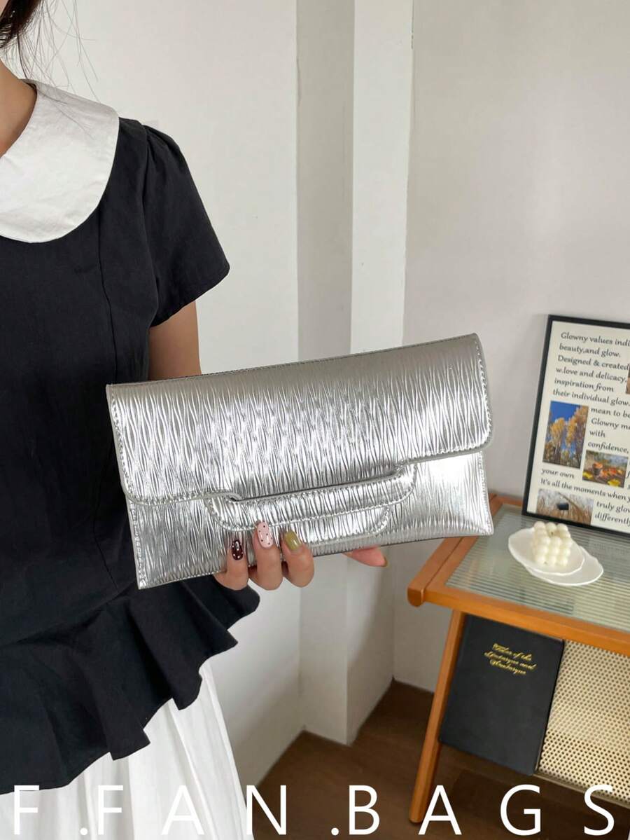 女款素色紋理晚宴手拿包,時尚休閒大容量 2026 個性化優雅硬幣信封錢包 - 銀色 - 查看 1