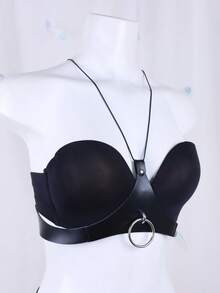 Arnés de pecho con correa de cuero sintético y anillo de metal tipo halter, cinturón de cintura estilo punk gótico, atuendo de fiesta de discoteca para mujer con cinturón de pecho y cintura - Negro - Ver 5