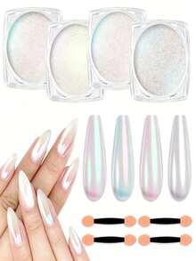 4 Jars Aurora Magic Mirror Nail Powder Set Ultra Fine Iridescent Mermaid Pearlescent Translucent Shimmer Glitter Dust For Nails DIY Manicure Home Salon Nail Art Decoration Supplies,Equipped With Smudge Tool (0.5g/Bottle) - Multicolor - View 1