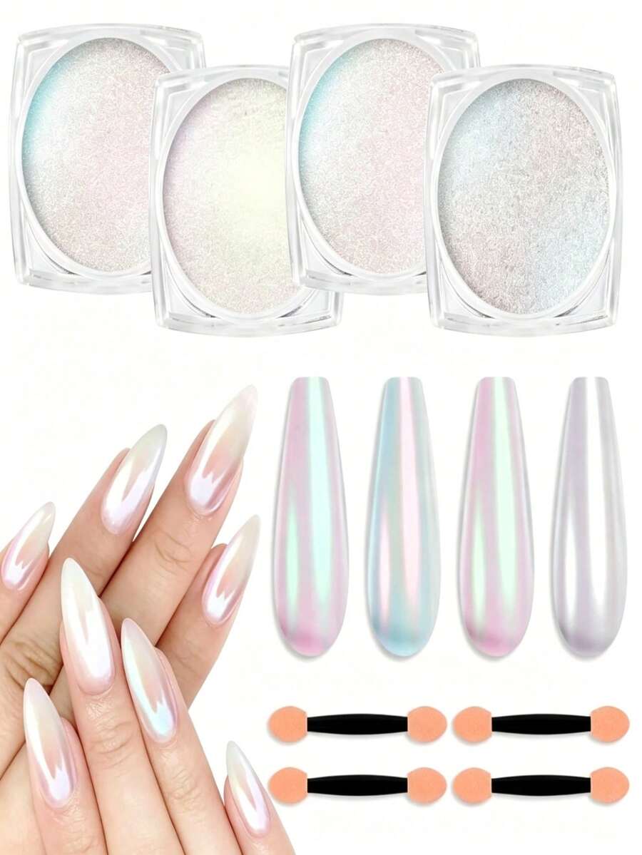 4 Jars Aurora Magic Mirror Nail Powder Set Ultra Fine Iridescent Mermaid Pearlescent Translucent Shimmer Glitter Dust For Nails DIY Manicure Home Salon Nail Art Decoration Supplies,Equipped With Smudge Tool (0.5g/Bottle) - Multicolor - View 1