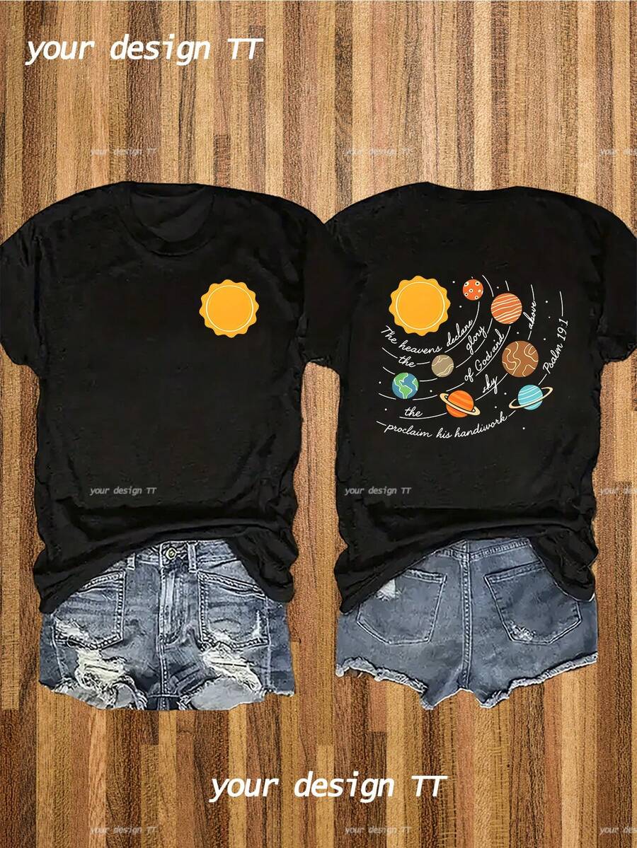 Camiseta de de 180 g/m² con Diseño de Astronomía Cristiana - Estampado de Doble Cara del Sistema Solar y Versículo Bíblico en la Espalda (Salmo 19:1, Mateo 16:17) - Camiseta de M - Negro - Ver 1