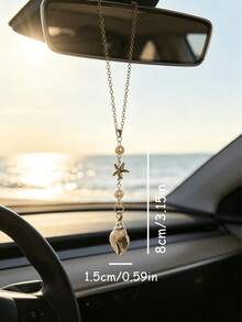 1pc Bohemian Style Ocean Shell Starfish Pearl Car Rearview Mirror Hanging Ornament, 6 Styles Beach Theme Metal Car Interior Pendant, Vehicle Windshield Decoration - A - View 3