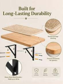 Cat Wall Shelf With Scratching Board, Pine Wood Wall-Mounted Floating Cat Perch, Windowside Hanging Hammock, Cat Wall Furniture For Sleeping, Playing And Climbing - Multicolor - View 10