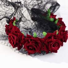 Gothic Burgundy Rose Spider Web Veil Headband, Halloween Ghost Bride Dark Headpiece, Party Cosplay Hair Accessory - Multicolor - View 5
