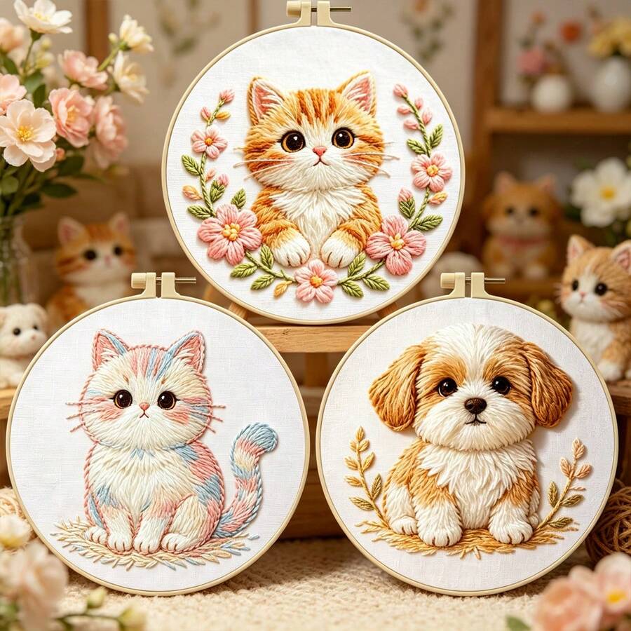 療癒系 3D 卡通貓狗手工刺繡套件，馬卡龍牛奶貓/花朵橘貓/小麥小狗，適合初學者 DIY 刺繡，臥室、窗台、書桌、客廳裝飾飾品，送給好友與女孩的貼心生日禮物