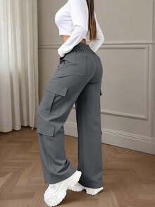 Pantalones cargo elegantes y lindos de estilo Y2K con múltiples bolsillos y botones, de color marrón, de peso ligero, adecuados para volver a la escuela, graduación, club, fiesta de cumpleañ - Gris - Ver 1