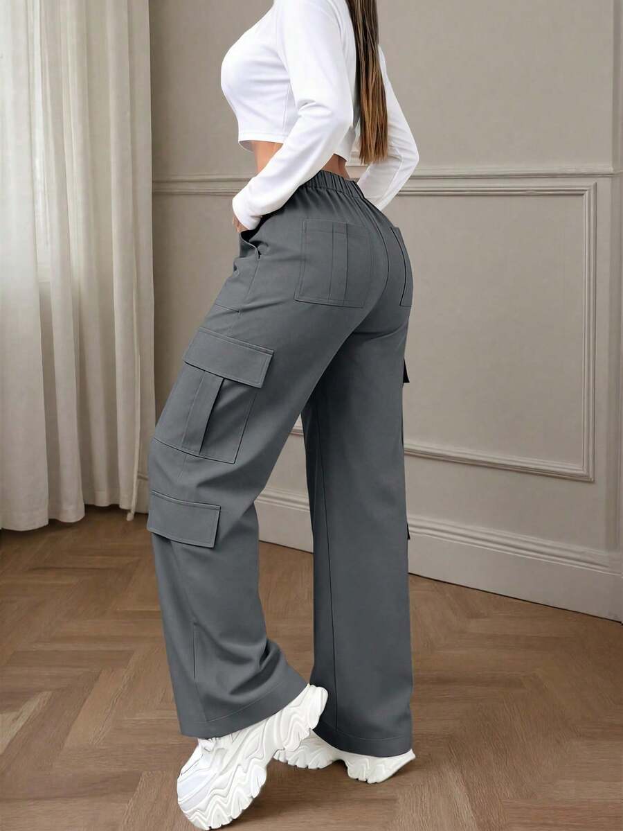 Pantalones cargo elegantes y lindos de estilo Y2K con múltiples bolsillos y botones, de color marrón, de peso ligero, adecuados para volver a la escuela, graduación, club, fiesta de cumpleañ - Gris - Ver 1