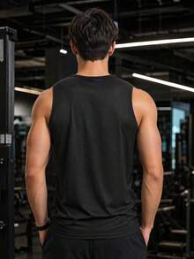 Men's Sports Tank Top Summer Quick-Dry Elastic Sleeveless T-Shirt Round Neck Reflective Print Fitness Outdoor Training Top - Black - View 2
