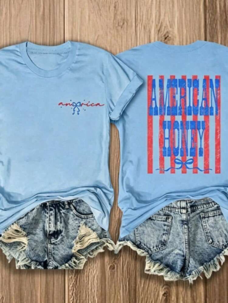 Playera Casual Corte HolgadoWomen's 4th Of July Red White & Blue Heart Flag Graphic T Shirt, Double Sided Courtesy Of The Print Summer Tops - 藍色3 - 查看 1
