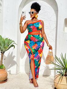 BIUBIU Plus Size Tropical Print Maxi Dress Set For Women Sleeveless Asymmetrical Neck Bodycon , Perfect For Summer Vacation - Color - View 2