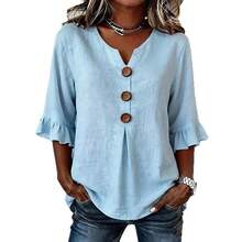 Verano 2026: Nueva Blusa de Algodón y Lino con Botones, Cuello en V y Mangas con Volantes, Cómoda y Transpirable - Blanco - Ver 5