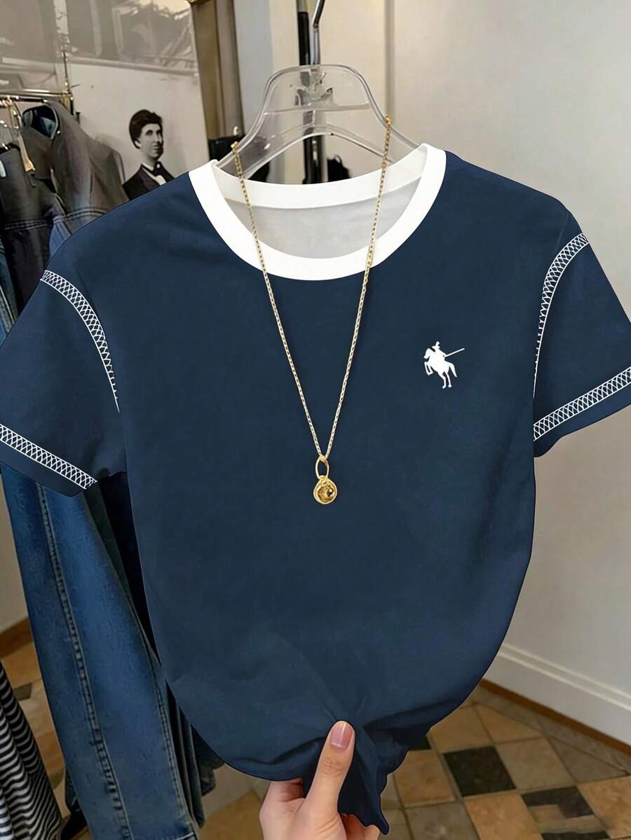 Top décontracté pour femmes à motif blocs de couleurs, T-shirt décontracté à col rond, convient pour le port décontracté au printemps et en été - Bleu gris - Voir 1