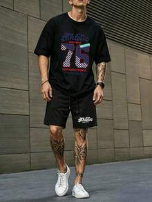 Conjunto Hombre Camiseta y Shorts Casual Oversize 2 Piezas Estampado Athletic Número 76 Rayas Deportivo Retro Streetwear Urbano Holgado Outfit Verano Manga Corta Ligero Transpirable - Negro - Ver 2