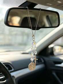 1 Colgante de Espejo Retrovisor de Coche Marca Retro Cross Saint, Icono de Cruz de Metal, Diseño de Cadena de Cuentas de Cristal, Accesorios de Decoración Interior GM, Estilo dibujos animados Kawaii Divertido - Cruz retro - Ver 11