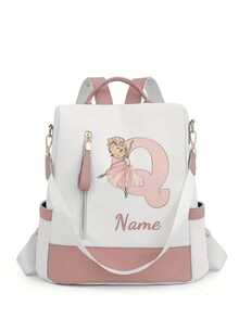 Personalized Custom Name A-Z 26 English Letters Premium Backpack, Fashion Anti-Theft Versatile Large Capacity Travel School Bag, Exquisite Cute Pink Ballet Girl Pattern Fashion Contrast Color Design Lightweight Large Capacity, Perfect For Daily Outings, Work Commute, School - White and Pink - View 8