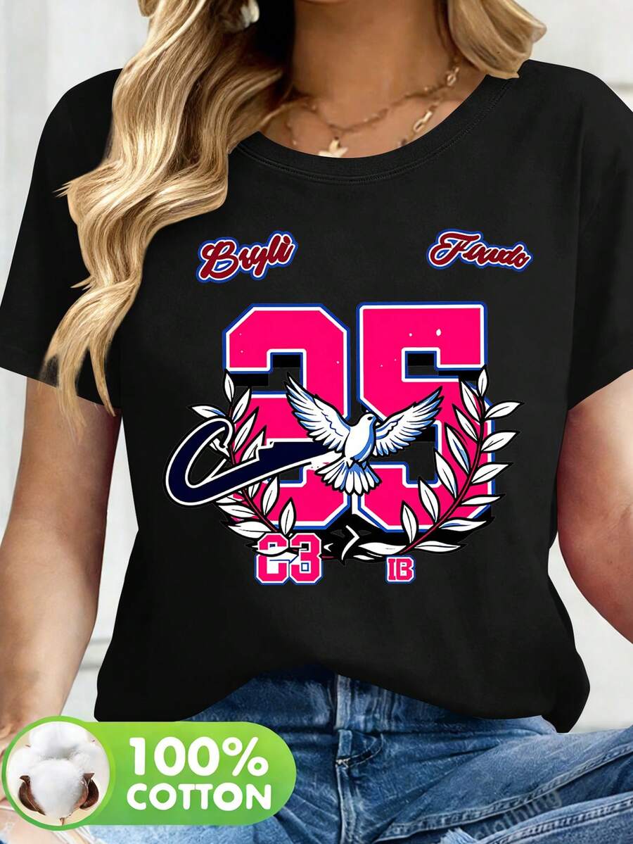 Camiseta de manga corta para mujer con estampado retro americano de la paloma de la paz y la rama de olivo, número 23, 100% algodón. - Negro - Ver 1