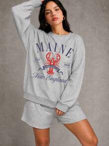 Women's Plus Size 2-Piece Set - Autumn Loose Waffle Knit Sweatshirt And Elastic Waist Shorts - Home Casual Daily Wear Elegant - Grey - View 5