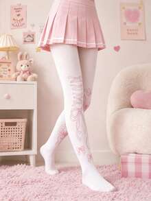 1 Pair Women's White Over-The-Knee Socks, Pink Bow Tie & Wing Heart Print, Soft Elastic Over-The-Knee Socks, Sweet Y2K Style - White - View 2
