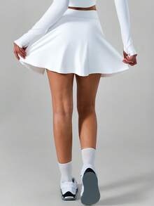 Women's High-Waist Tennis Skirt, Built-In Pockets Anti-Exposure Inner Lining Twist Design Sports Mini Skirt, Black Simple Versatile Skirt White - White - View 7