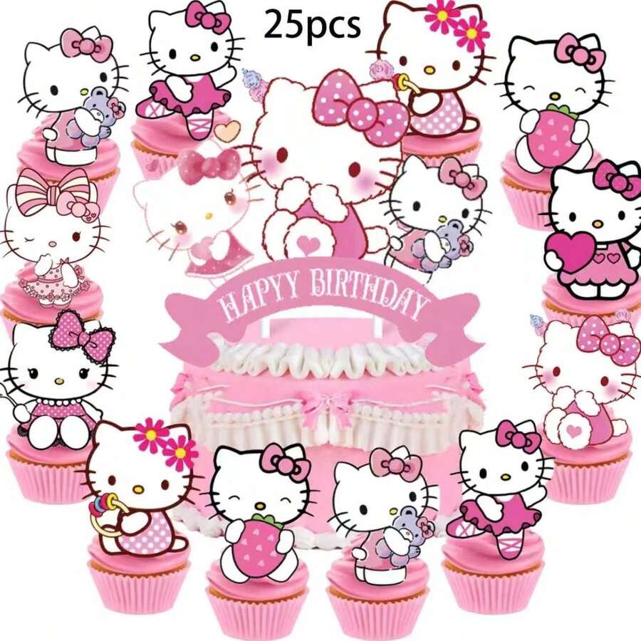 25pcs KT Cat Cake Topper,Cupcake Toppers, Birthday Decorations,Theme Party Supplies, Birthday Decorations, KT Cat Cake Decorations, KT Cat Birthday Party Decorations - View 1