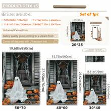 1 pieza Arte de pared en lienzo, decoración de pared enmarcada, fantasma blanco vintage sentado en un porche de madera con linterna de calabaza, hojas de arce y telaraña, póster popular de atmósfera de terror pastoral de otoño de Halloween, pintura decorativa colgante vintage sin marco, adecuada para decoración del hogar moderno, decoración de habitación, decoración de dormitorio, decoración de sala de estar, decoración de baño, decoración de cocina - Fantasma de calabaza - Ver 3