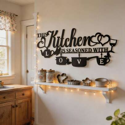 Metal Kitchen Wall Decor, This Kitchen Is Seasoned With Love Black Text Name Sign Wall Art Decoration, Rustic Iron Letter Quote Kitchen Farmhouse Dining Room Home Decor