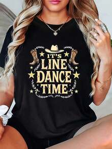 Premium Quality Lightweight Cotton Shirt For Women, Featuring The "IT'S LINE DAN" Country Dance Motif And Prints Of Cowboy Hats, Cowboy Boots, Stars, And Bay Leaves. - 黑色 - 查看 1