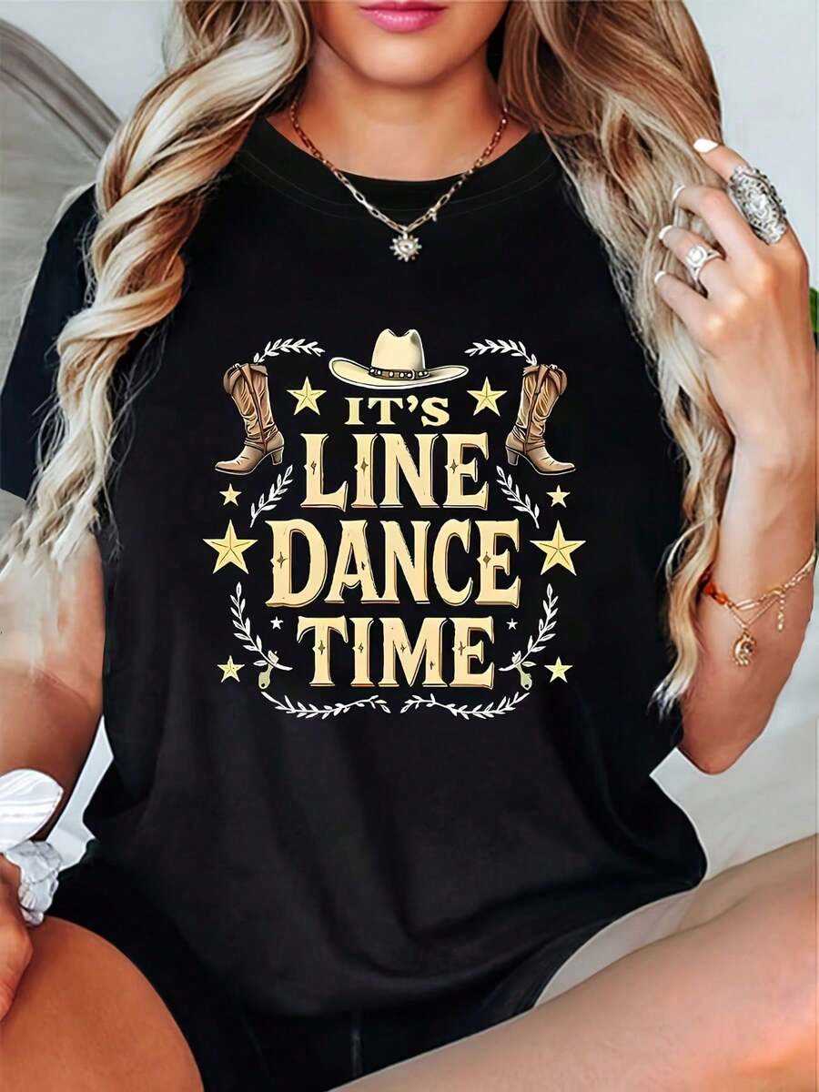 Premium Quality Lightweight Cotton Shirt For Women, Featuring The "IT'S LINE DAN" Country Dance Motif And Prints Of Cowboy Hats, Cowboy Boots, Stars, And Bay Leaves. - 黑色 - 查看 1