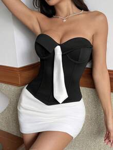 Modern Plain Tray Top With Bow, Girl Style For European Street Looks - Black and White - View 1