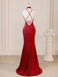 Vintage Burgundy Valentine's Day Backless Slit Sexy Bridesmaid Dress, Sister Party Wedding Season Dress - Burgundy - View 8