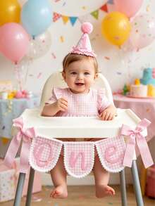 2/1 pieza Conjunto de camino de mesa de tela no tejida con lazo a cuadros rosa estilo INS y sombrero de 1er cumpleaños con lazo a cuadros rosa - Decoración de silla para 1er cumpleaños, accesorio para fotos, adecuado para fiesta de cumpleaños infantil, baby shower, decoración de fiesta, lazo rosa, sombrero de niña de 1er cumpleaños, decoración de fiesta de feliz cumpleaños, accesorio para fotos, decoración de baby shower - Rosa - Ver 2