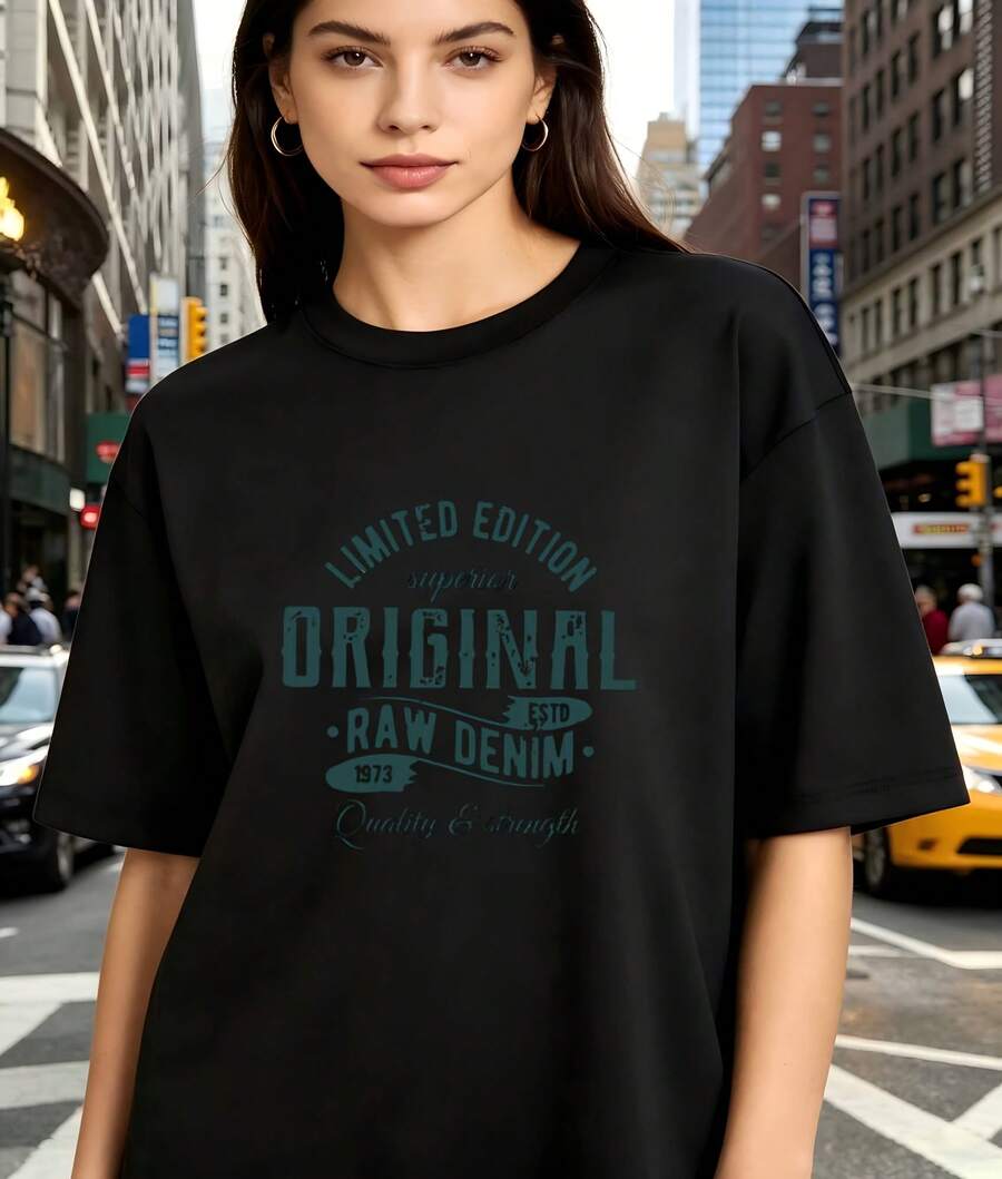 Distressed Vintage Limited Edition Original Raw Denim Letter Graphic Oversized Crew Neck Short Sleeve Women's T-Shirt Retro Urban Casual Wear Perfect Gift For Vintage Fashion Loving Women - 黑色 - 查看 1