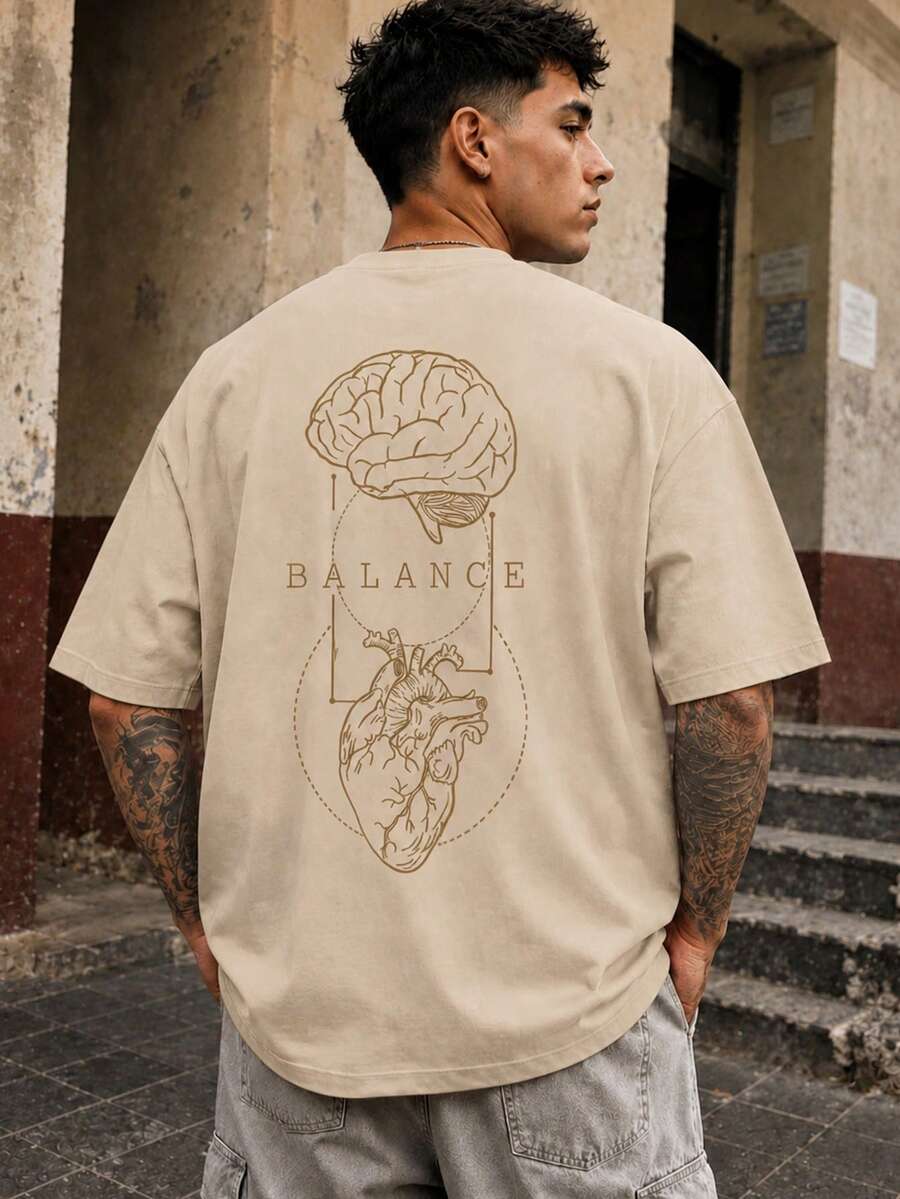 Fractyr 男士街头风圆领T恤 “BALANCE” 脑心解剖线条艺术印花，宽松休闲短袖上衣 - 杏色 - 查看 1