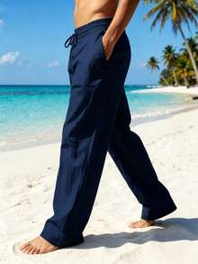 Celana Panjang Pria Musim Semi/Panas Tipis Bernapas Gaya Hip-Hop Linen Kasual Santai Olahraga Celana Panjang Pantai Potongan Lurus Hawaii Warna Polos - Navy Blue - View 5