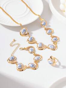1 Set/3pcs Elegant Fashion Creative Design Metal Symbol Inlaid Faux Stone Necklace + Bracelet + Ring Women Jewelry Set - White - View 2