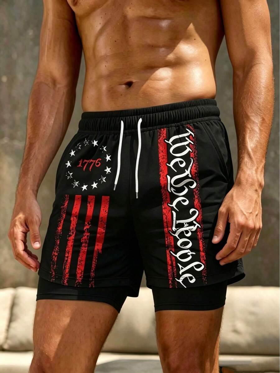 Men's Drawstring Waist Letter Print Casual Beach Shorts - Multicolor - View 1