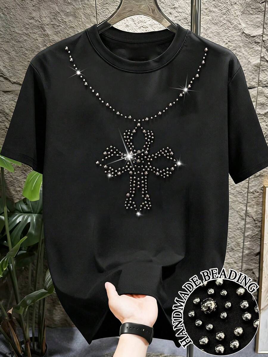 Camiseta informal de manga corta y cuello redondo de unicolor para hombres, con proceso de perforación caliente, nueva colección primavera/verano 2025, rave - Gris - Ver 1