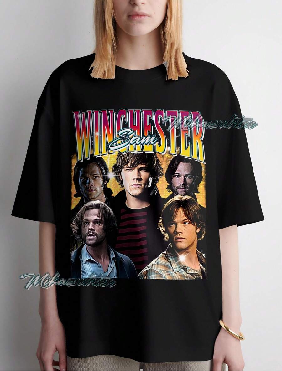 Sam Winchester Vintage Graphic Tee, Faded Retro Design - 黑色 - 查看 1