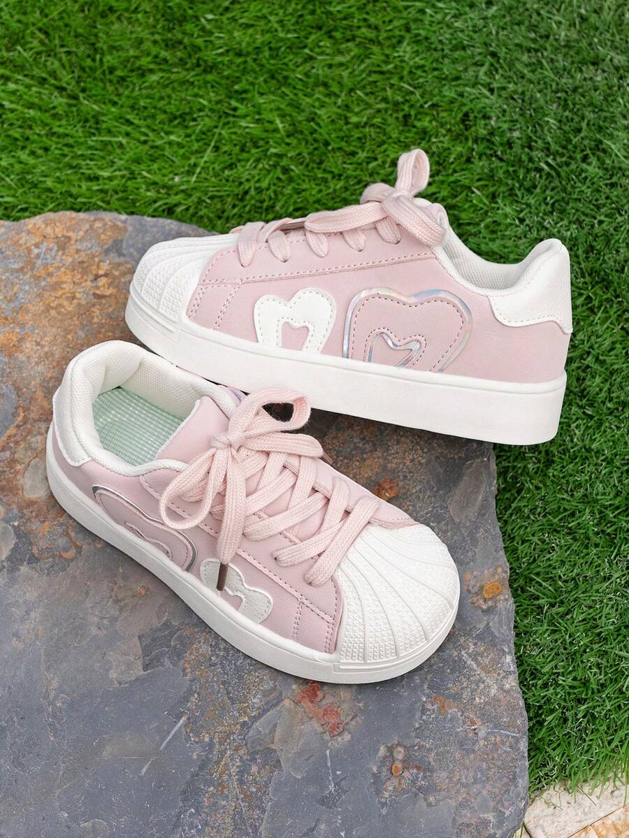 1 Pair Light Pink Colorblock Heart Design Girls' Skate Shoes, Breathable Low-Top Casual Sneakers For Students, Suitable For All Seasons - Pink - View 1