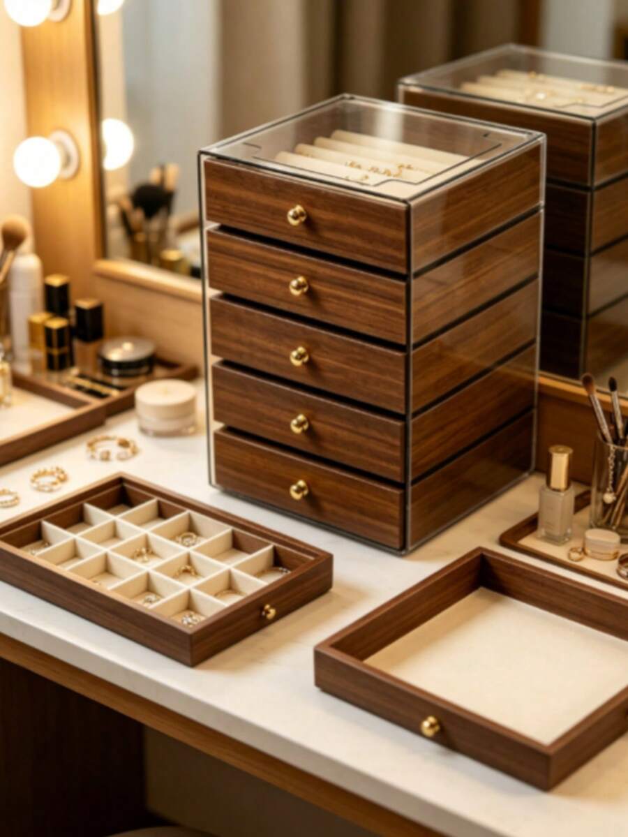 5 Drawer/Extra Large 5-Layer Wood Grain Jewelry Storage Box, Transparent Acrylic Top Cover Jewelry Organizer, Suitable For Earrings, Rings, Necklaces - Coffee Brown - View 1