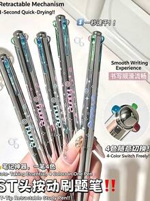 1 buah Pulpen Gel Tarik Multi-Warna 4-in-1, Bodi Logam Mengkilap, Ujung ST 0.5mm, Tinta Cepat Kering, Pulpen Tekan Multi-Warna, Dapat Diganti Hitam, Hari Pertama Sekolah - MultiWarna - View 2