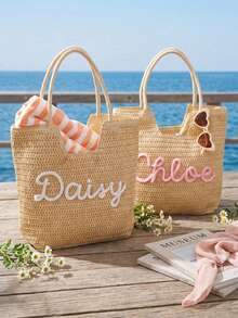 Customized Name Straw Tote Bag, Personalized Summer Beach Vacation Shoulder Handbag, Large Capacity Travel Bag, Bridesmaid Gift - Multicolor - View 4