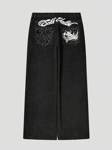 Grunge Goth Y2K Style Men's Casual Embroidered Loose Wide Leg Versatile All-Season Denim Jeans, Fashionable Personalized Street Youth Sport Hip-Hop Rap Academy Style, Suitable For Work Commute Stage Performance Friends Gathering Outdoor Wear - Dark Grey - View 3