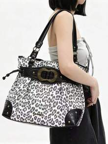 Leopardenmuster Vintage Tragetasche, Y2K Retro Schnallen Schultertasche, Große Kapazität Pendler Boho Handtasche, Geeignet für den täglichen Gebrauch - Braun - Übersicht 13
