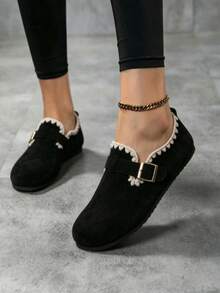 Women Wide Toe Box Suede Buckle Flats, Lace Trim Round Wide Fit Loafers, Soft Non-Slip Comfort Daily Walking Casual Shoes - Black - View 5