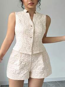 Camiseta sin mangas y shorts jacquard liso.Conjunto elegante de 2 piezas.Fresco, moderno y perfecto para looks diarios. - Rojo - Ver 11